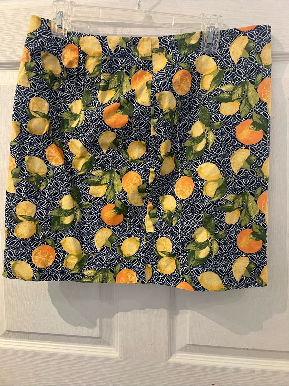 Talbots Navy Mini Skirt with Yellow & Orange Citrus Print 12p